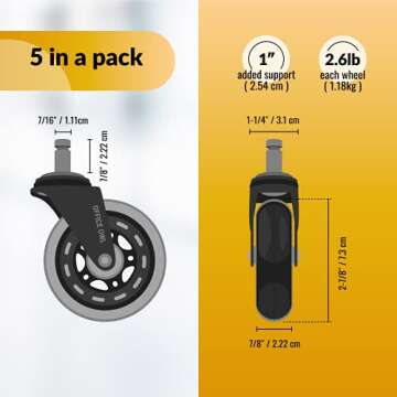 OFFICE OWL Set of 5 Replacement Chair Caster Wheels for Desk & Gaming - Black - NOT Compatible with IKEA Chairs