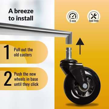 OFFICE OWL Set of 5 Replacement Chair Caster Wheels for Desk & Gaming - Black - NOT Compatible with IKEA Chairs