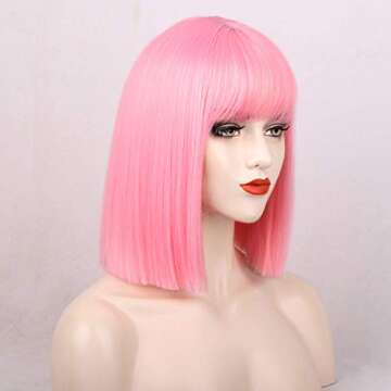 ENTRANCED STYLES Pink Wig with Bangs Straight Bob Wigs for Women Colored Wigs 12 Inch Short Pink Bob Wig Heat Resistant Synthetic Party Costume Cosplay Wig For Girls