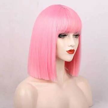 ENTRANCED STYLES Pink Wig with Bangs Straight Bob Wigs for Women Colored Wigs 12 Inch Short Pink Bob Wig Heat Resistant Synthetic Party Costume Cosplay Wig For Girls