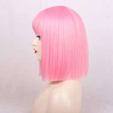 ENTRANCED STYLES Pink Wig with Bangs Straight Bob Wigs for Women Colored Wigs 12 Inch Short Pink Bob Wig Heat Resistant Synthetic Party Costume Cosplay Wig For Girls