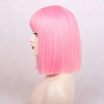 ENTRANCED STYLES Pink Wig with Bangs Straight Bob Wigs for Women Colored Wigs 12 Inch Short Pink Bob Wig Heat Resistant Synthetic Party Costume Cosplay Wig For Girls