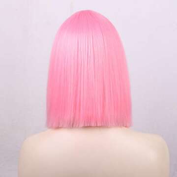 ENTRANCED STYLES Pink Wig with Bangs Straight Bob Wigs for Women Colored Wigs 12 Inch Short Pink Bob Wig Heat Resistant Synthetic Party Costume Cosplay Wig For Girls