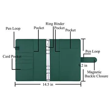 Antner A5 Notebook Photocard Binder 6 Ring Planner Binder for A5 Refill Paper, PU Leather Refillable A5 Budget Binder Loose Leaf Organizer Binder Cover with Magnetic Buckle for Budgeting, Dark Green