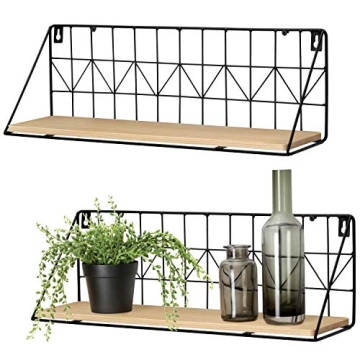 Mkono Floating Shelves Wall Mounted Set of 2 Rustic Wood Storage Display Shelf with Metal Wire Baske...