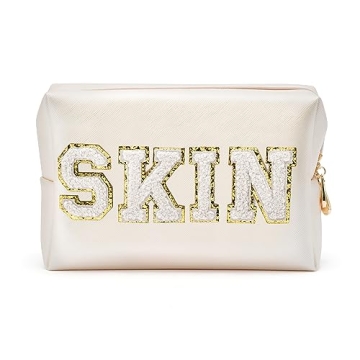 Y1tvei Preppy Patch SKIN White Chenille Letter Cosmetic Bag for Women & Teens