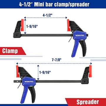 WORKPRO Mini Bar Clamps for Woodworking, 6"(2) and 4-1/2"(2), 4-Piece One-Handed Clamp/Spreader, Light-Duty Quick-Change F Clamp with 150lbs Load Limit Blue