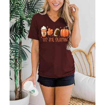 Women's Halloween Pumpkin Shirt Funny Fall Pumpkin Graphic V-Neck Short Sleeve Tops Thanksgiving T-S...