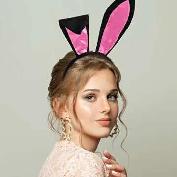 SATINIOR Bunny Costume Set Rabbit Ear Headband Collar Bow Tie Costume Cuffs Rabbit Tail for Easter Party(Pink)