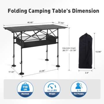 ALPHA CAMP Folding Camping Table, Portable Roll-up Outdoor Table with Adjustable Height, Large Storage Bag and Carrying Bag, Tall Aluminum Table for Indoor & Outdoor Picnic BBQ Backyards Beach