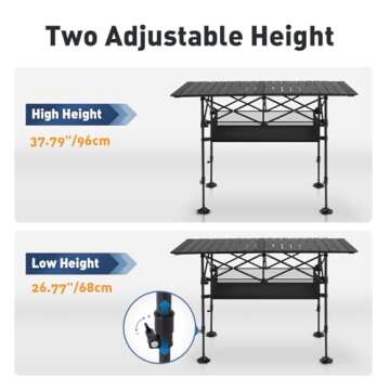 ALPHA CAMP Folding Camping Table, Portable Roll-up Outdoor Table with Adjustable Height, Large Storage Bag and Carrying Bag, Tall Aluminum Table for Indoor & Outdoor Picnic BBQ Backyards Beach