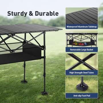 ALPHA CAMP Folding Camping Table, Portable Roll-up Outdoor Table with Adjustable Height, Large Storage Bag and Carrying Bag, Tall Aluminum Table for Indoor & Outdoor Picnic BBQ Backyards Beach