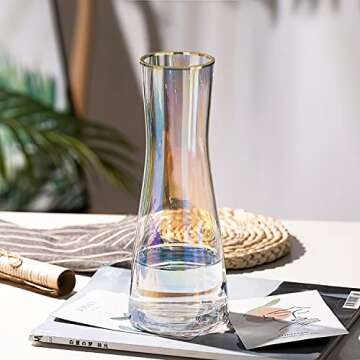 Elegant Iridescent Glass Flower Vase with Golden Rim