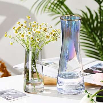 Elegant Iridescent Glass Flower Vase with Golden Rim