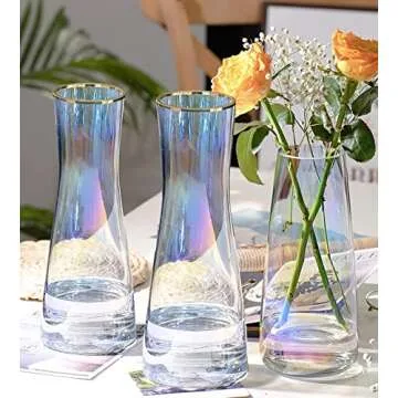 Elegant Iridescent Glass Flower Vase with Golden Rim