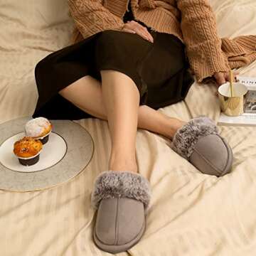 Cozyfurry Womens Slipper Fuzzy Fluffy House Slippers Faux Fur Cozy Warm Soft Indoor Shoes Memory Foam Anti-skid Rubber Sole Grey 7-8