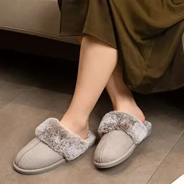 Cozyfurry Womens Slipper Fuzzy Fluffy House Slippers Faux Fur Cozy Warm Soft Indoor Shoes Memory Foam Anti-skid Rubber Sole Grey 7-8