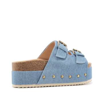 ATBELL Women's Platform Cork Slides Dual Buckled Straps Suede Clogs Slip On Flatform Sandals for Women Fashion Slippers in Denim Size 8