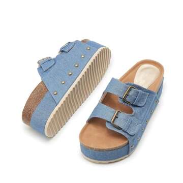 ATBELL Women's Platform Cork Slides Dual Buckled Straps Suede Clogs Slip On Flatform Sandals for Women Fashion Slippers in Denim Size 8