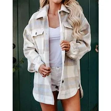 BTFBM Women's Long Sleeve Button Down Jackets Plaid Flannel Shirts Tops Casual Lapel V Neck Oversize...