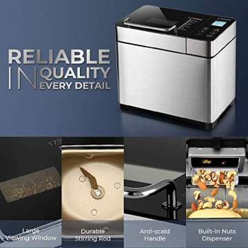 Bread Maker, ALBOHES 2.2LB Stainless Steel Bread Machines with Gluten Free Setting, Automatic Nut Dispenser, 17 Programmable Menu Settings, 3 Loaf Sizes 3 Crust Colors