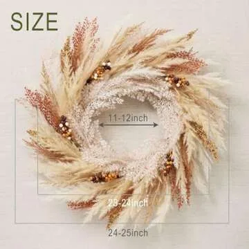 DecorbyHannah Collapsible Thanksgiving Wreath, 24'' Pre-Lit Artificial Pampas Grass Fall Wreath for ...