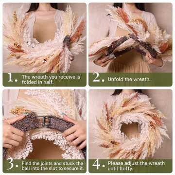 DecorbyHannah Collapsible Thanksgiving Wreath, 24'' Pre-Lit Artificial Pampas Grass Fall Wreath for Front Door, Boho Farmhouse Wall Decor for Autumn Harvest Home Outdoor Decorations
