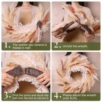 DecorbyHannah Collapsible Thanksgiving Wreath, 24'' Pre-Lit Artificial Pampas Grass Fall Wreath for Front Door, Boho Farmhouse Wall Decor for Autumn Harvest Home Outdoor Decorations