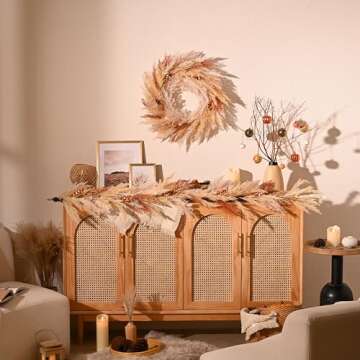 DecorbyHannah Collapsible Thanksgiving Wreath, 24'' Pre-Lit Artificial Pampas Grass Fall Wreath for Front Door, Boho Farmhouse Wall Decor for Autumn Harvest Home Outdoor Decorations