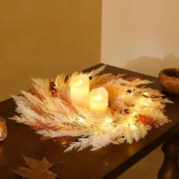 DecorbyHannah Collapsible Thanksgiving Wreath, 24'' Pre-Lit Artificial Pampas Grass Fall Wreath for Front Door, Boho Farmhouse Wall Decor for Autumn Harvest Home Outdoor Decorations
