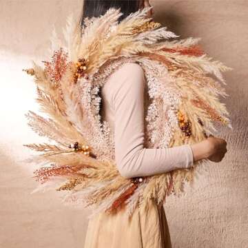 DecorbyHannah Collapsible Thanksgiving Wreath, 24'' Pre-Lit Artificial Pampas Grass Fall Wreath for Front Door, Boho Farmhouse Wall Decor for Autumn Harvest Home Outdoor Decorations