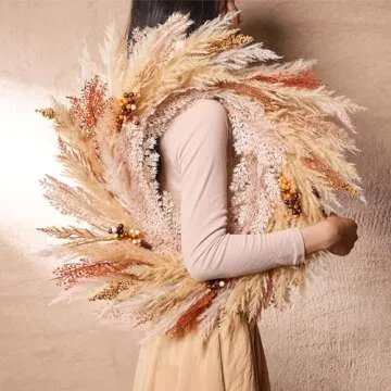 DecorbyHannah Collapsible Thanksgiving Wreath, 24'' Pre-Lit Artificial Pampas Grass Fall Wreath for Front Door, Boho Farmhouse Wall Decor for Autumn Harvest Home Outdoor Decorations