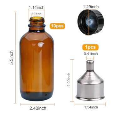 YINGERHUAN 8oz Glass Vanilla Extract Bottles,Round Amber Glass Boston Bottles with Caps for Syrup,10 Pack Glass Sample Bottles with Stickers and Funnel for Essential Oils,Wedding,Christmas