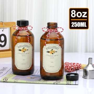 YINGERHUAN 8oz Glass Vanilla Extract Bottles,Round Amber Glass Boston Bottles with Caps for Syrup,10 Pack Glass Sample Bottles with Stickers and Funnel for Essential Oils,Wedding,Christmas