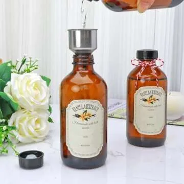 YINGERHUAN 8oz Glass Vanilla Extract Bottles,Round Amber Glass Boston Bottles with Caps for Syrup,10 Pack Glass Sample Bottles with Stickers and Funnel for Essential Oils,Wedding,Christmas