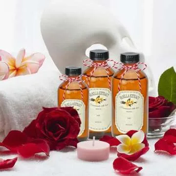 YINGERHUAN 8oz Glass Vanilla Extract Bottles,Round Amber Glass Boston Bottles with Caps for Syrup,10 Pack Glass Sample Bottles with Stickers and Funnel for Essential Oils,Wedding,Christmas