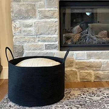 Goodpick Laundry Basket, Big Woven Rope Black Laundry Basket for Blankets, Clothes, Toys, Towels, Pillows, Large Bin for Living Room, Bedroom, Bathroom, 21.7 x 13.8 inches, 83L