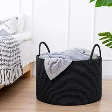 Goodpick Laundry Basket, Big Woven Rope Black Laundry Basket for Blankets, Clothes, Toys, Towels, Pillows, Large Bin for Living Room, Bedroom, Bathroom, 21.7 x 13.8 inches, 83L