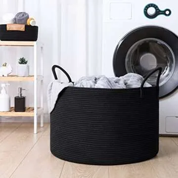Goodpick Laundry Basket, Big Woven Rope Black Laundry Basket for Blankets, Clothes, Toys, Towels, Pillows, Large Bin for Living Room, Bedroom, Bathroom, 21.7 x 13.8 inches, 83L