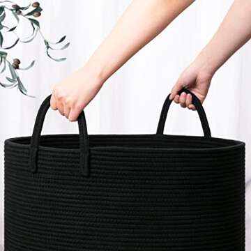 Goodpick Laundry Basket, Big Woven Rope Black Laundry Basket for Blankets, Clothes, Toys, Towels, Pillows, Large Bin for Living Room, Bedroom, Bathroom, 21.7 x 13.8 inches, 83L