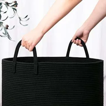 Goodpick Laundry Basket, Big Woven Rope Black Laundry Basket for Blankets, Clothes, Toys, Towels, Pillows, Large Bin for Living Room, Bedroom, Bathroom, 21.7 x 13.8 inches, 83L