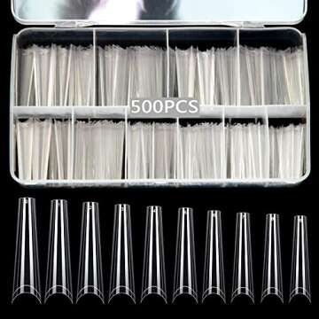 500Pcs XXL No C Curve Coffin Nail Tips for Acrylic Nails Professional Set, Clear Nail Tips Half Cove...