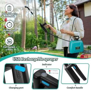 Battery Powered Garden Sprayer with 3 Nozzles, 1.35 Gallon Electric Pump Sprayer with Telescopic Wand and USB Rechargeable Handle, Portable Lawn Sprayer with Shoulder Strap for Gardening