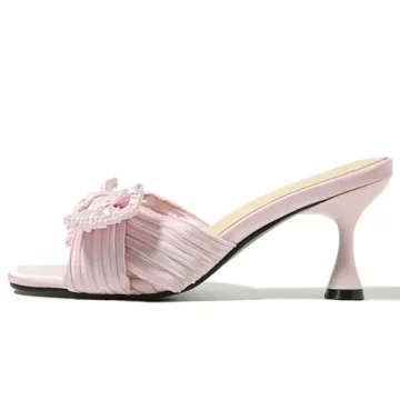 Heiyom Women's Bowknot Low Stilettos Heels Mules Sandals