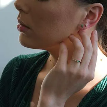 espere Dainty Minimal Emerald Baguette Ring | 18K Gold Plated Emerald Diamond Simulant Stackable Ring | Minimal CZ Anniversary Band Size 8