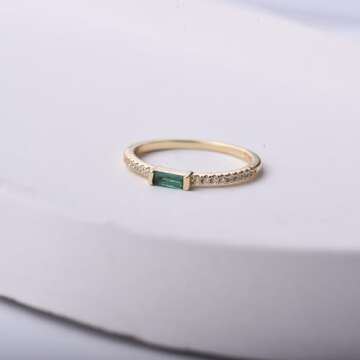 espere Dainty Minimal Emerald Baguette Ring | 18K Gold Plated Emerald Diamond Simulant Stackable Ring | Minimal CZ Anniversary Band Size 8
