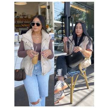 UANEO Womens PU Leather Cropped Puffer Vest Winter Faux Leather Zip Up Sleeveless Jacket (Beige, Sma...