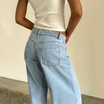 Women's Wide Leg Jeans Straight Leg Boyfriend Denim Pants Low Rise Baggy Jeans Casual Loose Jeans Y2K E-Girl Pants (Light Blue, XL)