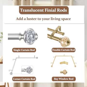 1 Inch Gold Curtain Rods for Windows 72 to 144 Inches (6 to 12 ft), USFOOK Telescoping Single Drapery Rod, Decorative Curtain Rod with Luxury Translucent Finials