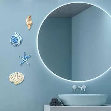 Yookeer 4 Pcs Beach Wall Decor Seashell Starfish Bathroom Decor Rustic Ocean Coastal Summer Themed Wall Art Gifts for Living Room Bathroom Bedroom(Small)